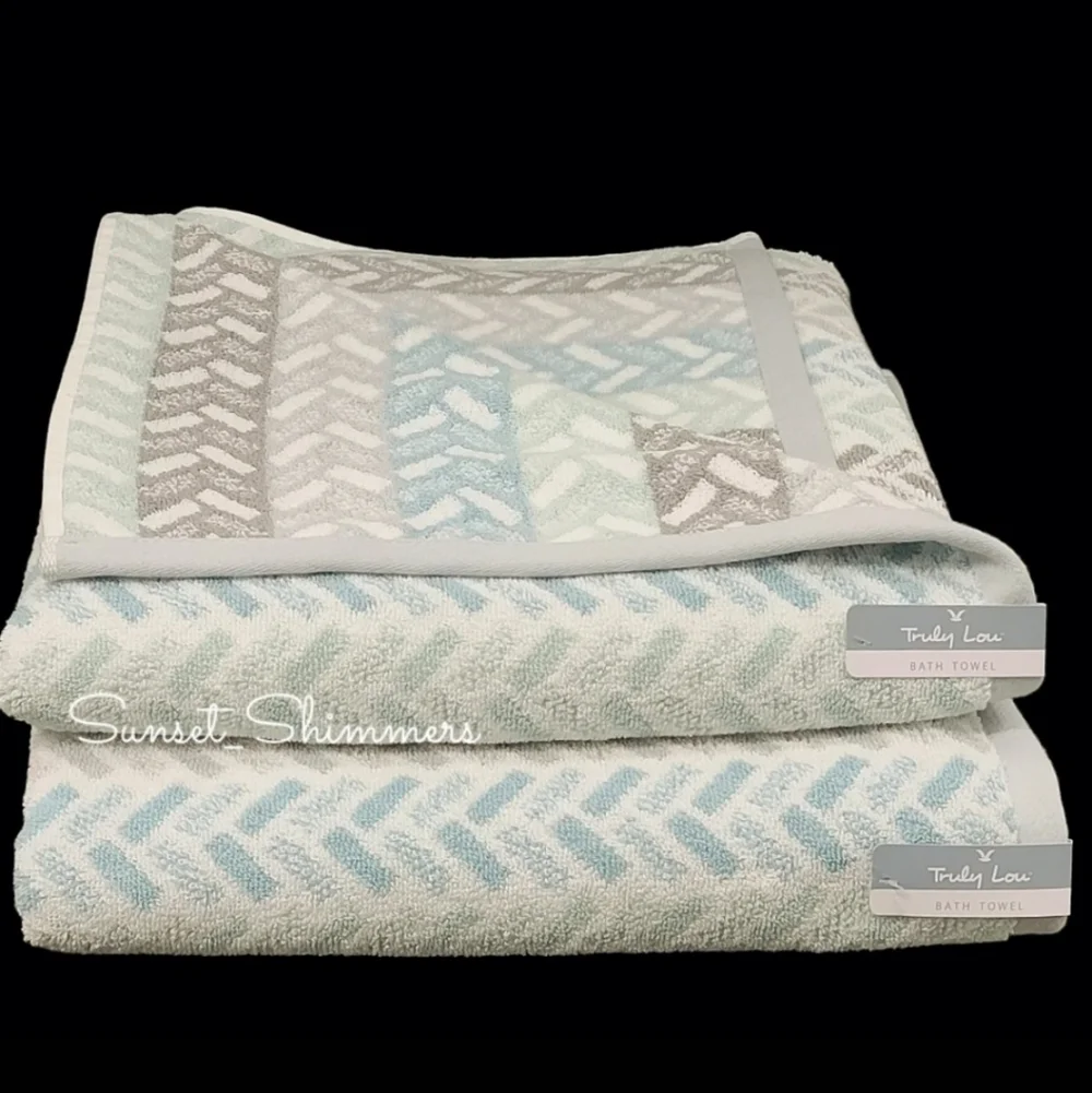 1 Truly Lou Bath Towel Blue Mint Green Gray Herringbone 100% Cotton New